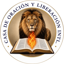Logo de Casa de Oración y Liberación, INTL.: león sobre una Biblia abierta con una llama